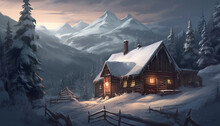 Winter Landscape: Mountain Hut, Snow Covered Forest, Frosty Pine Trees Generated By AI