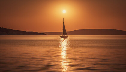 Sticker - Sailboat silhouette on tranquil sunset seascape, perfect summer yachting adventure generated by AI