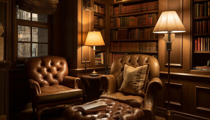 Poster - Modern luxury library with antique decor and comfortable seating inside generated by AI