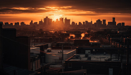 Wall Mural - City skyline glows with sunset, skyscrapers and illuminated buildings generated by AI