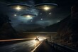 Road with vehicles and unidentified flying object, depicting the nightly abduction of beings by extraterrestrial civilizations. Generative AI