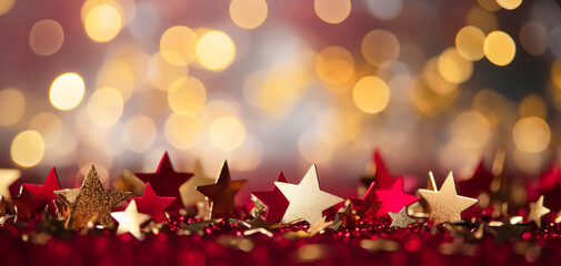 Christmas glowing Golden red Background. Gold Christmas stars on a red background. Holiday 2024 New year Abstract Glitter Defocused Background With Blinking Stars and sparks. Blurred Bokeh.