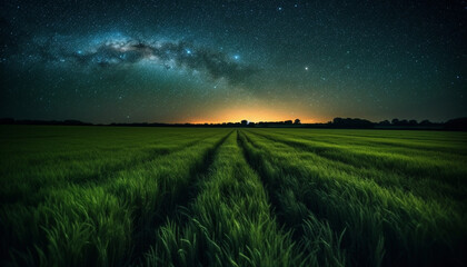 Canvas Print - Tranquil rural meadow glows under starry Milky Way night sky generated by AI