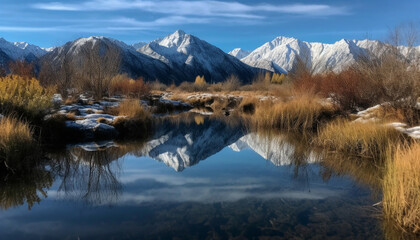 Sticker - Tranquil scene of majestic mountain range reflected in tranquil pond generated by AI