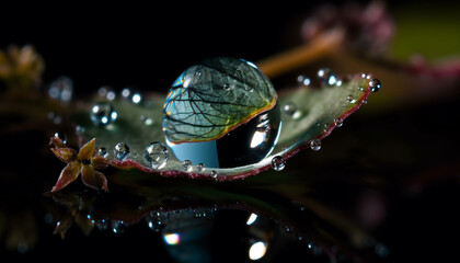 Poster - Fresh green leaf with dew drop reflects beauty of nature generated by AI