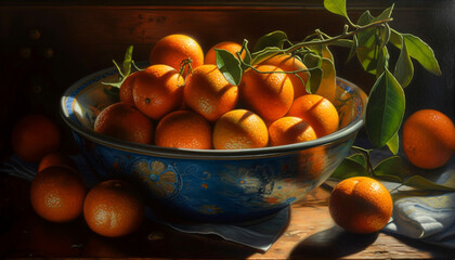 Wall Mural - Ripe citrus fruit bowl on rustic wood table, autumn colors generated by AI
