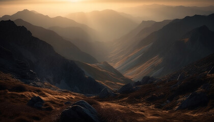 Poster - Majestic mountain peak in tranquil landscape, back lit by sunrise generated by AI