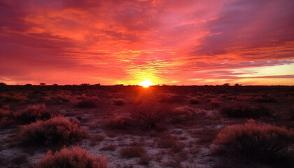 Poster - Tranquil sunset over arid African landscape, dramatic sky silhouette beauty generated by AI