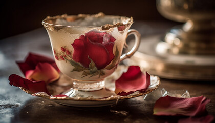 Sticker - Rustic coffee table with vase of fresh flowers and chocolate generated by AI