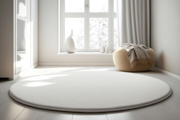 Room mockup with a white oval inside carpet, upper side view. mock-up of an empty, circular carpet area. Template for a stylish doormat or floor covering made of clear wool or sheepskin. Generative AI