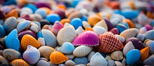 Close Up Of Colorful Sea Shells On The Beach - Generated Ai