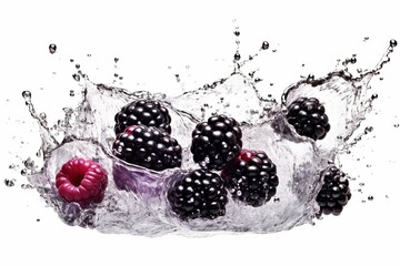 Wall Mural - Refreshing blackberry-infused water splash, pure and cold, isolated on white. 3D wave splash design with blackberries, offering a healthy detox drink. Generative AI