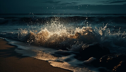 Poster - Idyllic seascape at dusk, waves breaking on wet sand generated by AI