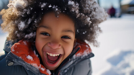 Wall Mural - Snowfall delight: a cute african american kid embraces the magic of winter by catching snowflakes on his hair.