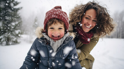 Wall Mural - Winter portrait of excited mother and son in snow.