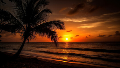 Wall Mural - Golden horizon over tranquil waters, palm trees silhouette in twilight generated by AI