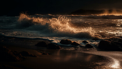 Poster - Sunset surf splashing on wet sand, reflecting beauty in nature generated by AI