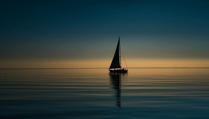 Canvas Print - Sailing yacht glides on tranquil waves, silhouetted against sunset generated by AI