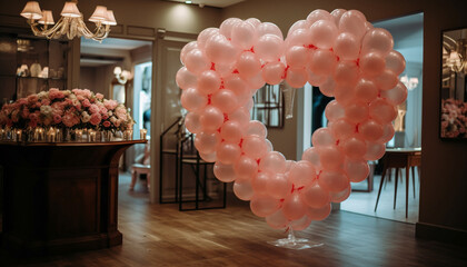 Wall Mural - Romantic wedding celebration with pink heart shaped balloons and flowers generated by AI