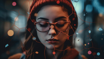 Young adult woman illuminated by Christmas lights, looking at camera generated by AI