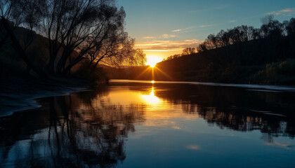 Wall Mural - Tranquil scene of nature beauty in sunset reflection over water generated by AI