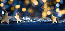 Magic Blue Holiday Abstract Glitter Background With Blinking Stars. Blurred Bokeh Of Christmas Lights. Happy New Year And Merry Christmas Banner. Festive Backdrop