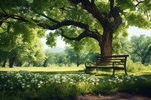 Bench Under A Tree In A Park , Green Nature Around 
