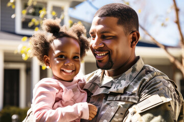 Emotional military homecoming. Portrait of a happy male soldier hugging his daughter after returning home from the army. African american military servicemen reuniting with family after serving