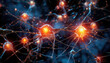 © keks20034 - Illustration of a human nerve cell on a dark blue background with light effects. The nerve cell interacts by means of a light pulse. Generative AI