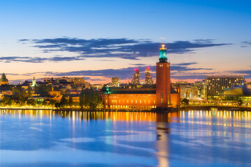 Wall Mural - stockholm, sweden. panoramic view of the city hall. the capital of sweden. cityscape during the blue