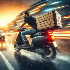 pizza delivery person on scooter rushing to drop orders to clients in bad weather in heavy traffic