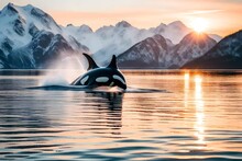  Killerwhale Traveling On Ocean Water With Sunset Norway Fiords On Winter Background 