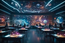 A Futuristic Classroom Filled With Holographic Displays And Interactive Learning Tools