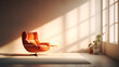 Seventies orange chair in modern bright interiors apartment Living room mockup illustration 3D rendering computer generated image. Ai generative.