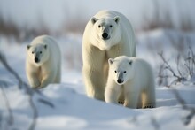 Mother Polar Bear Overseeing Playful Cubs Frolicking In Snowy Terrain. Generative AI