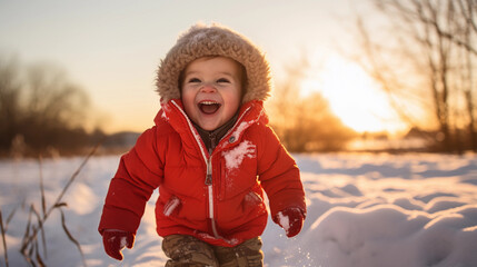 Happy toddler boy in warm coat and knitted hat tossing up snow and having a fun in the winter outside, outdoor portrait