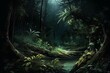 Nocturnal rainforest, digital artwork. Generative AI