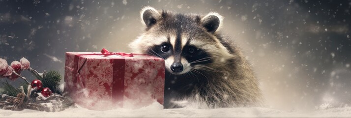 Wall Mural - cute christmas raccoon with watercolor gift: ai-generated illustration of festive animal