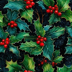 Wall Mural - Holly Christmas Seamless Wrapping Paper