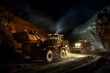 Nighttime work at limestone quarry with dump truck and excavator in mining industry. Generative AI