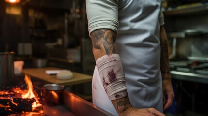 A chef with a burn scar on his arm from a kitchen accident. He wears it with pride, a sign of his dedication to creating delicious food and persevering through adversity.