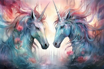  Majestic unicorns with shimmering silver horns - Generative AI