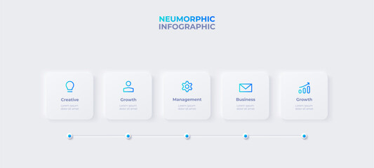 Poster - Neumorphism timeline infographic. Skeuomorph concept with 5 options, parts, steps or processes