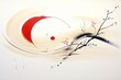© JSunGraphics - Abstract black tree branch with gold wind and red crescent, calligraphy style watercolor ink minimalist meditation painting illustration with flowing organic curved shapes