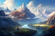 Landscape featuring mountains, clouds, and sky rendered using modern techniques. Generative AI