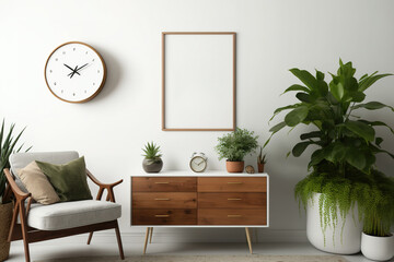 Wall Mural - Composition of a chic living room's interior design, featuring mock-ups of a poster frame, a wooden commode, plants, hanging accents, and other items. old and retro design idea. Template. Generative