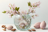 Fototapeta Na ścianę - Almond branches in a pink glass vase against a white background. Generative AI