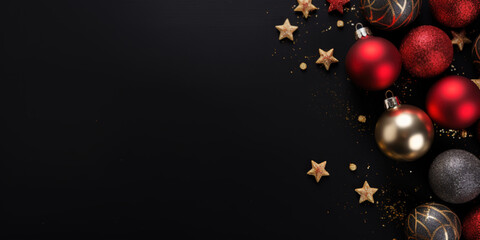 Wall Mural - Flat lay table top view festive ornament decoration with copy space, black background