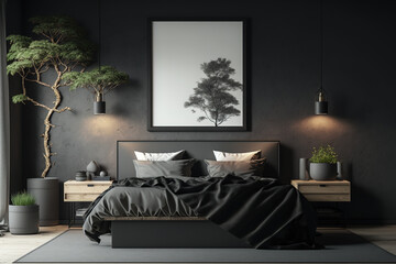 Interior of a bedroom in black and wood with a double bed, two nightstands, a potted tree, and a concrete floor. a mockup. Generative AI