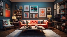 A Cozy And Eclectic Living Room With Gallery Walls, The HD Camera Capturing The Curated Collection Of Artwork And The Vibrant Personality Of The Space.